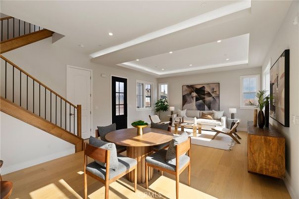 Dining room, Interior, Living room, Recessed Lighting, Wood Texture Flooring
