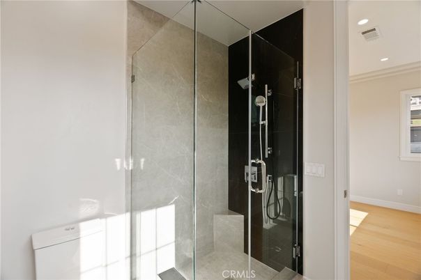 Bathroom, Glass Shower, Interior, Recessed Lighting, Wood Texture Flooring