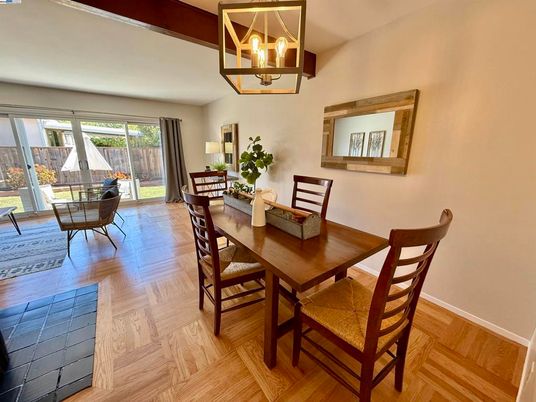 Dining room, Interior, Pendant Lights, Wood Texture Flooring