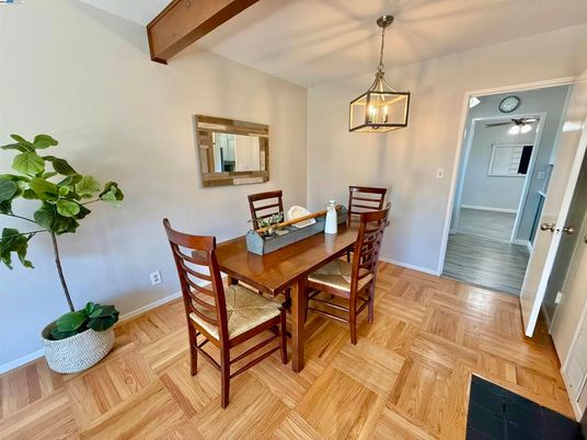 Dining room, Interior, Pendant Lights, Wood Texture Flooring