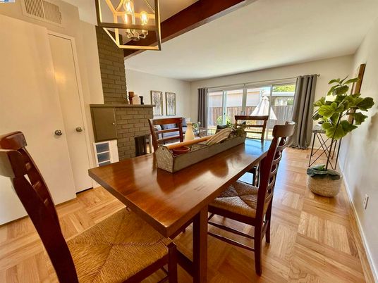Dining room, Fireplace, Interior, Wood Texture Flooring