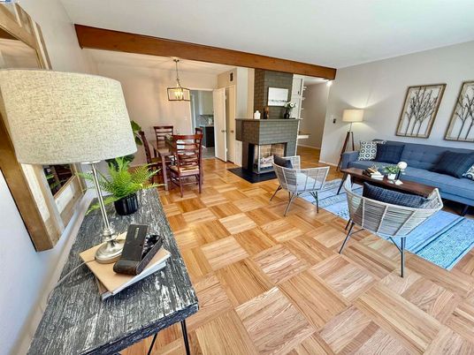 Dining room, Fireplace, Interior, Living room, Pendant Lights, Wooden Beams, Wood Texture Flooring