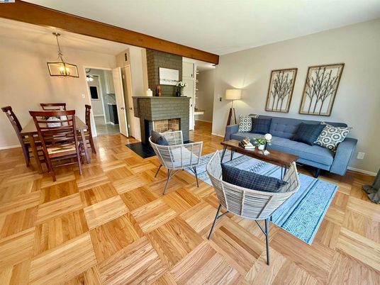 Dining room, Fireplace, Interior, Living room, Pendant Lights, Wooden Beams, Wood Texture Flooring