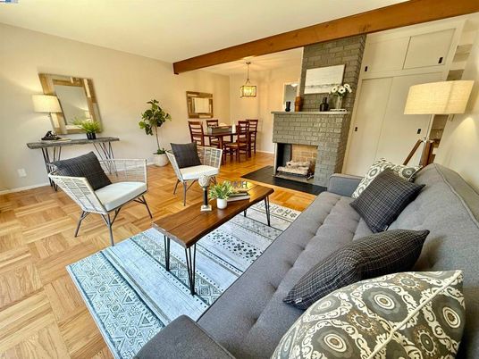 Dining room, Fireplace, Interior, Living room, Pendant Lights, Stone Walls, Wooden Beams, Wood Texture Flooring