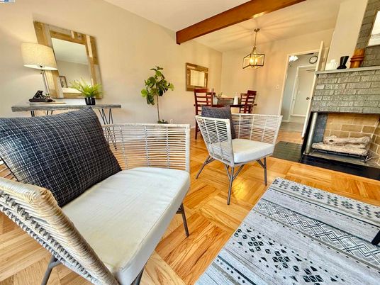 Dining room, Fireplace, Interior, Pendant Lights, Wooden Beams, Wood Texture Flooring