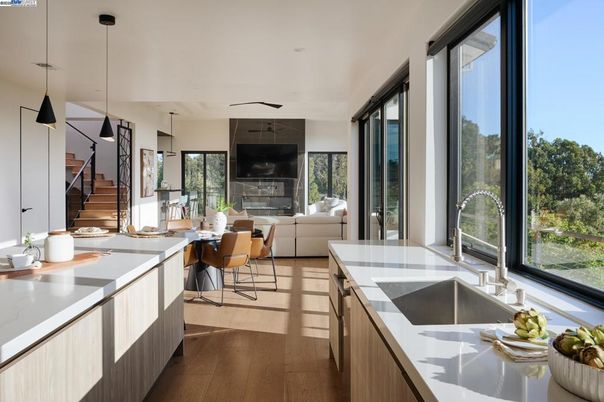 Dining room, Fireplace, Interior, Kitchen, Living room, Pendant Lights, Recessed Lighting, Wood Texture Flooring