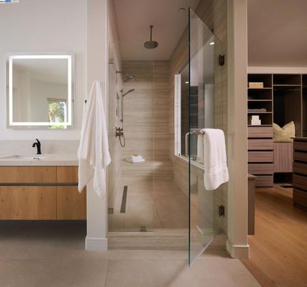 Bathroom, Glass Shower, Interior, Wood Texture Flooring