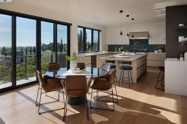 Dining room, Interior, Kitchen, Pendant Lights, Recessed Lighting, Wood Texture Flooring