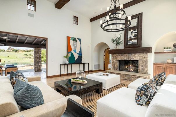 Chandelier, Fireplace, Interior, Living room, Recessed Lighting, Wooden Beams, Wood Texture Flooring