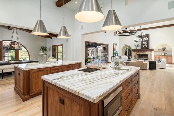 Fireplace, Interior, Kitchen, Living room, Pendant Lights, Recessed Lighting, Wood Texture Flooring
