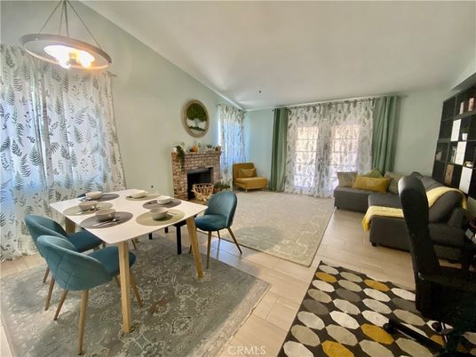 Dining room, Fireplace, Interior, Living room, Pendant Lights, Wood Texture Flooring