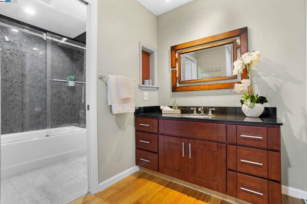 Bathroom, Glass Shower, Interior, Recessed Lighting, Wood Texture Flooring