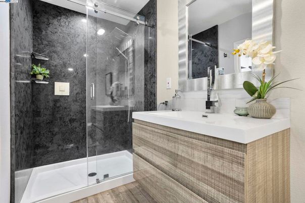 Bathroom, Glass Shower, Interior, Recessed Lighting, Wood Texture Flooring