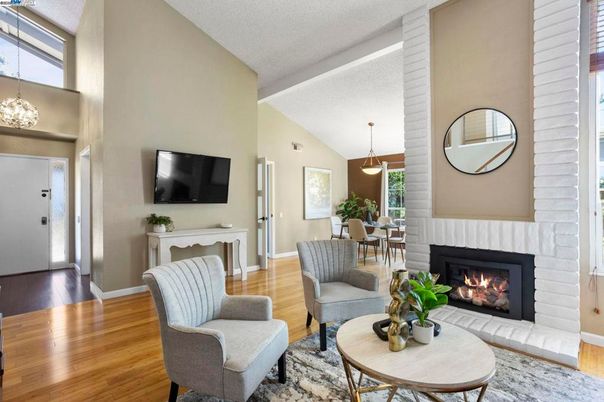 Dining room, Fireplace, Interior, Living room, Pendant Lights, Wood Texture Flooring