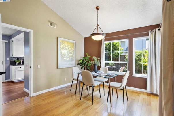 Dining room, Interior, Pendant Lights, Wood Texture Flooring