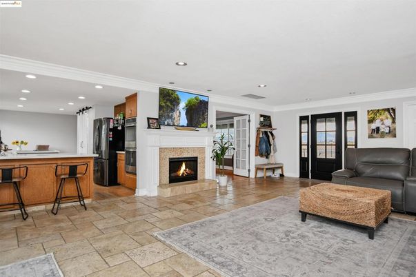 Fireplace, Interior, Kitchen, Living room, Recessed Lighting