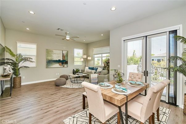 Dining room, Interior, Living room, Recessed Lighting, Wood Texture Flooring