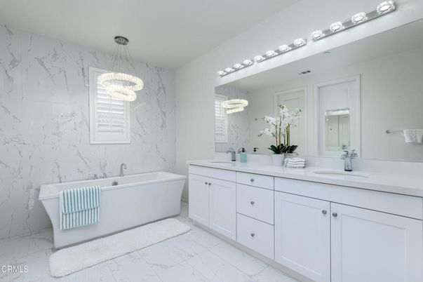 Bathroom, Dual Sink Vanities, Free Standing Baths, Interior, Marble, Marble Walls