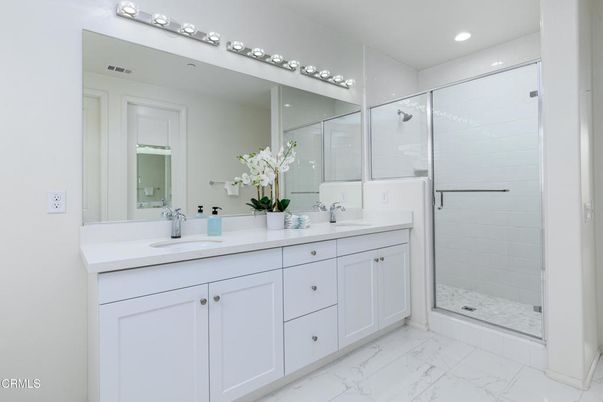 Bathroom, Dual Sink Vanities, Glass Shower, Interior, Marble, Recessed Lighting