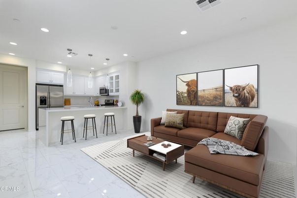 Interior, Kitchen, Living room, Marble, Pendant Lights, Recessed Lighting, Stainless Steel Appliances