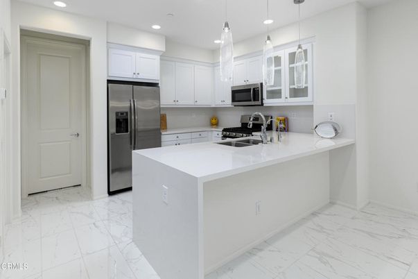 Interior, Kitchen, Marble, Pendant Lights, Recessed Lighting, Stainless Steel Appliances