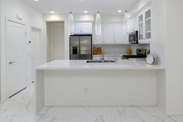 Interior, Kitchen, Marble, Pendant Lights, Recessed Lighting, Stainless Steel Appliances