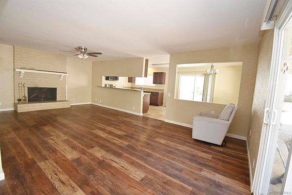 Empty room, Fireplace, Interior, Kitchen, Wood Texture Flooring
