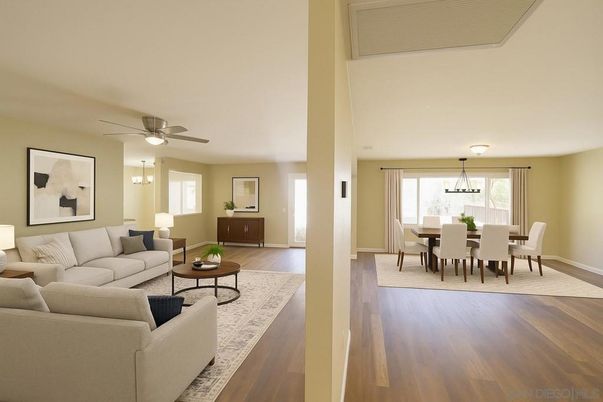 Dining room, Interior, Living room, Pendant Lights, Wood Texture Flooring