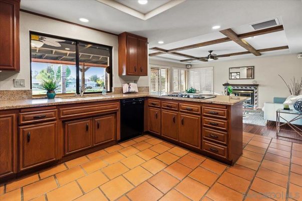 Fireplace, Interior, Kitchen, Recessed Lighting, Wooden Beams