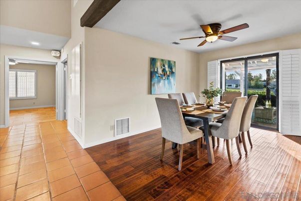 Dining room, Interior, Recessed Lighting, Wooden Beams, Wood Texture Flooring