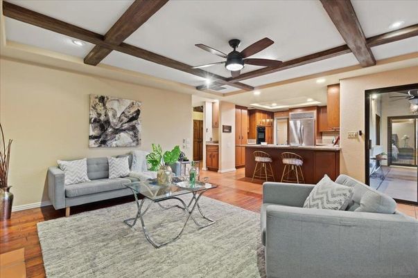 Interior, Kitchen, Living room, Recessed Lighting, Stainless Steel Appliances, Wooden Beams, Wood Texture Flooring