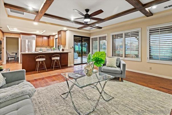 Interior, Kitchen, Living room, Recessed Lighting, Stainless Steel Appliances, Wooden Beams, Wood Texture Flooring