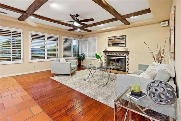 Fireplace, Interior, Living room, Recessed Lighting, Wooden Beams, Wood Texture Flooring