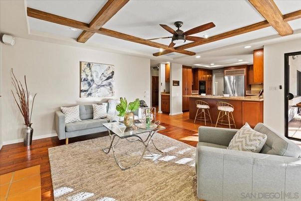 Interior, Kitchen, Living room, Recessed Lighting, Stainless Steel Appliances, Wooden Beams, Wood Texture Flooring