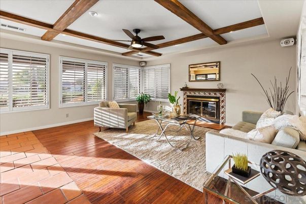 Fireplace, Interior, Living room, Recessed Lighting, Wooden Beams, Wood Texture Flooring