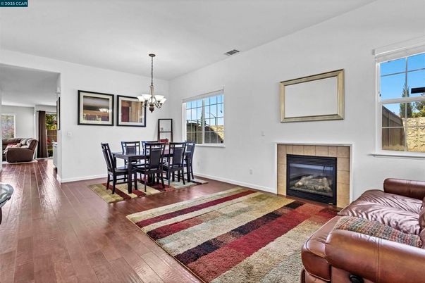 Chandelier, Dining room, Fireplace, Interior, Wood Texture Flooring
