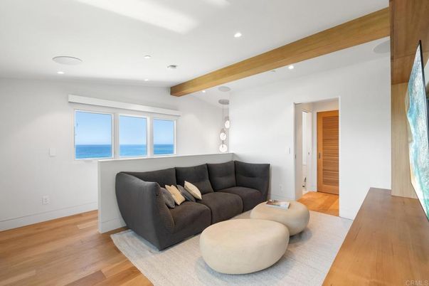 Interior, Living room, Recessed Lighting, Water, Wooden Beams, Wood Texture Flooring