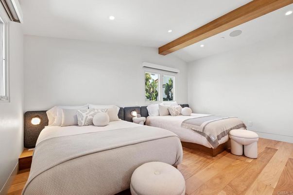 Bedroom, Interior, Recessed Lighting, Wooden Beams, Wood Texture Flooring