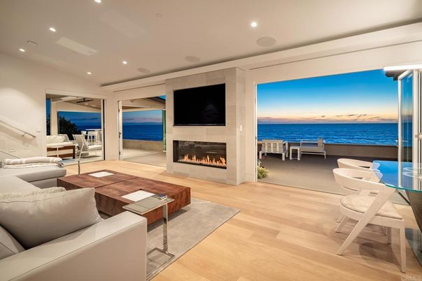 Fireplace, Interior, Living room, Recessed Lighting, Water, Wood Texture Flooring