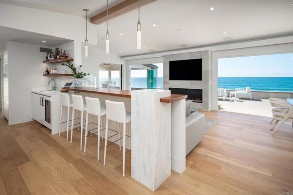 Fireplace, Interior, Pendant Lights, Recessed Lighting, Water, Wood Texture Flooring