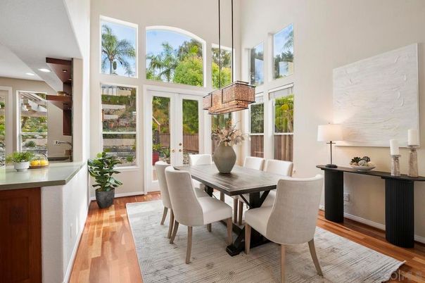 Dining room, Interior, Pendant Lights, Recessed Lighting, Wood Texture Flooring