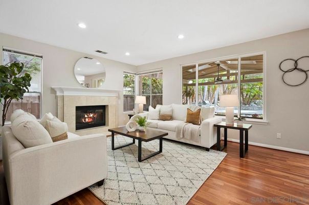 Fireplace, Interior, Living room, Recessed Lighting, Wood Texture Flooring