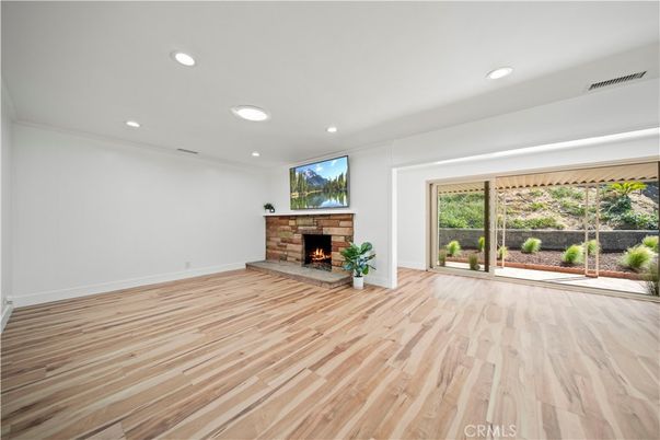 Empty room, Fireplace, Interior, Recessed Lighting, Wood Texture Flooring