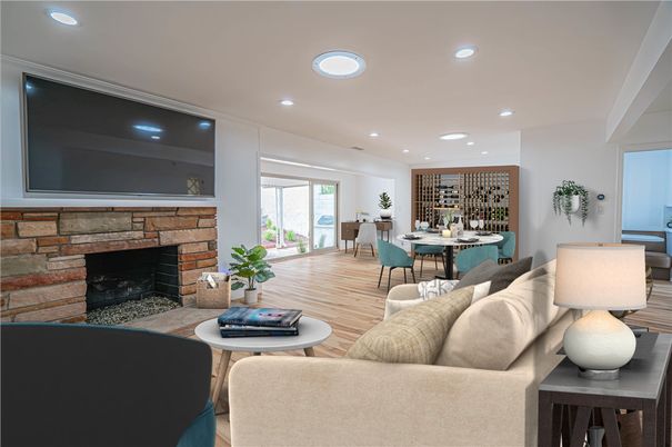 Dining room, Fireplace, Interior, Living room, Recessed Lighting, Wood Texture Flooring