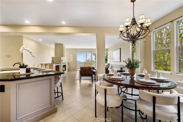 Chandelier, Dining room, Fireplace, Interior, Kitchen, Recessed Lighting