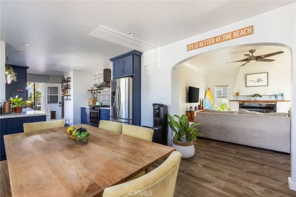 Dining room, Interior, Kitchen, Living room, Recessed Lighting, Stainless Steel Appliances, Wood Texture Flooring