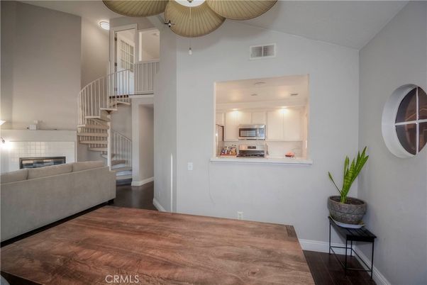 Fireplace, Interior, Kitchen, Living room, Stainless Steel Appliances, Wood Texture Flooring