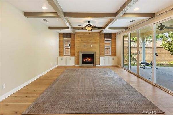 Empty room, Fireplace, Interior, Recessed Lighting, Wooden Beams, Wood Texture Flooring