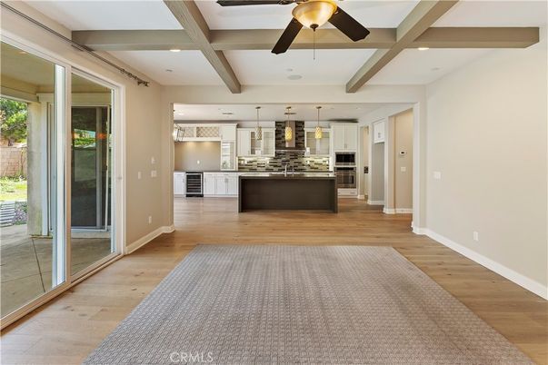 Interior, Kitchen, Pendant Lights, Recessed Lighting, Stainless Steel Appliances, Wooden Beams, Wood Texture Flooring