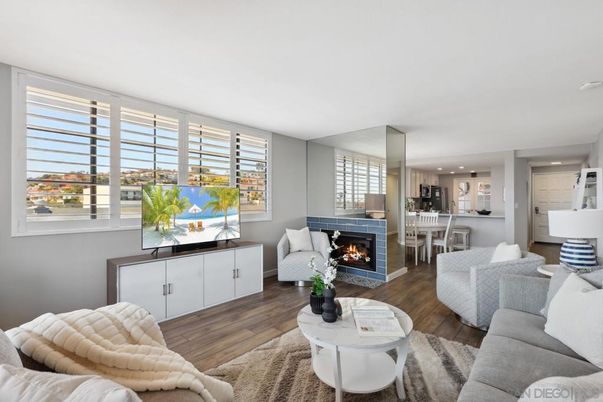 Dining room, Fireplace, Interior, Kitchen, Living room, Pendant Lights, Recessed Lighting, Wood Texture Flooring